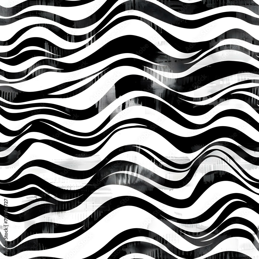 Black and white seamless pattern, horizontal wavy ink