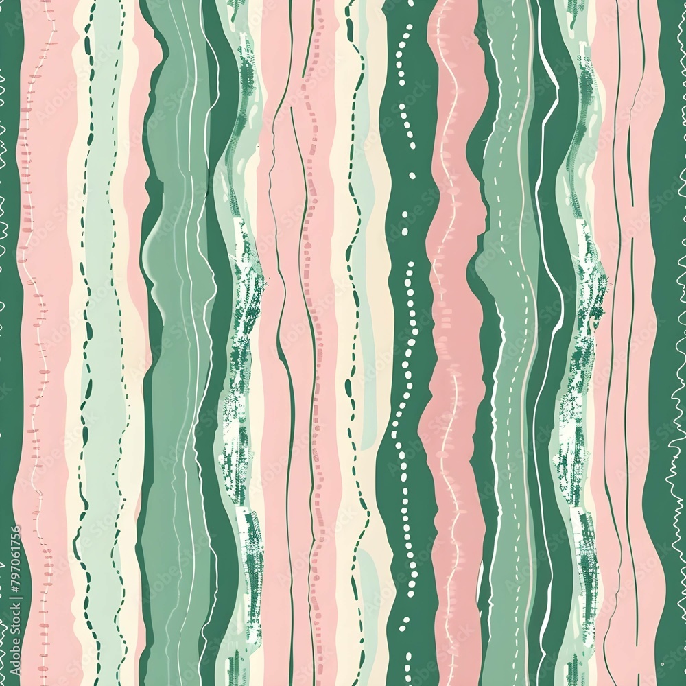Seamless pattern of vertical hand drawn lines, pink green background