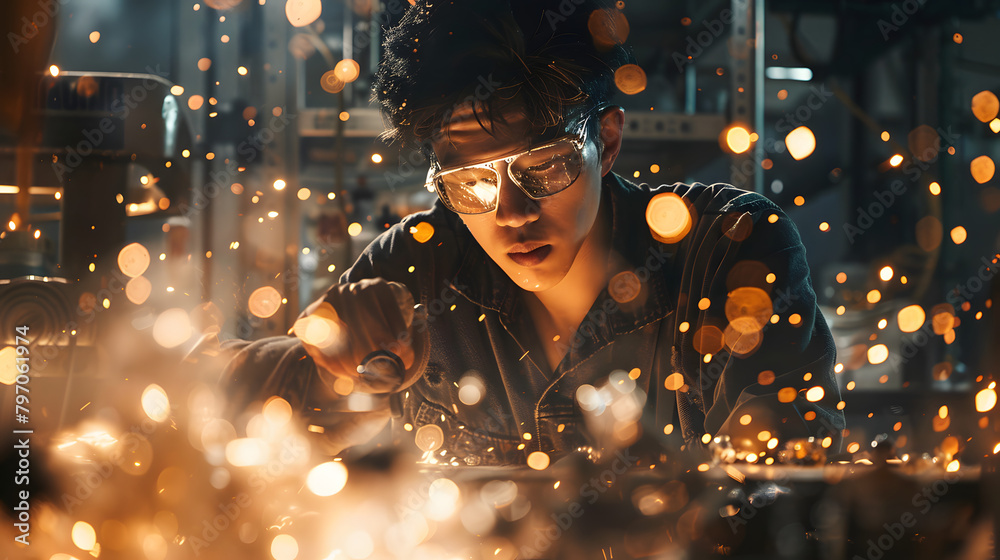 A craftsman in modern eyeglasses and a headpiece is seaming in the manufacturing plant. with debris twirling around them. Theyre encircled by glass pieces of varying forms and measurements A craftsman in modern eyeglasses and a headpiece is seaming in the manufacturing plant. with debris twirling around them. Theyre encircled by glass pieces of varying forms and measurements