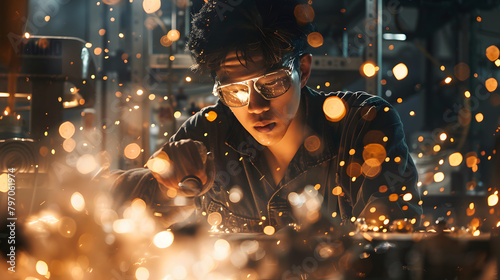 A craftsman in modern eyeglasses and a headpiece is seaming in the manufacturing plant. with debris twirling around them. Theyre encircled by glass pieces of varying forms and measurements