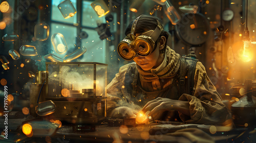 A craftsman in modern eyeglasses and a headpiece is seaming in the manufacturing plant. with debris twirling around them. Theyre encircled by glass pieces of varying forms and measurements