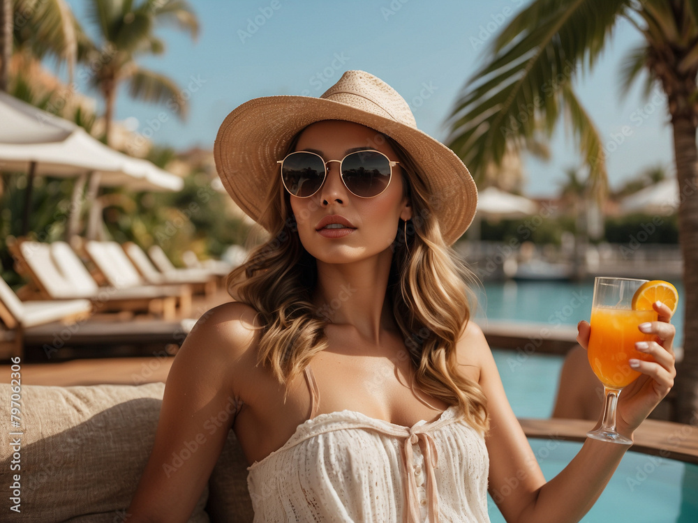 woman on the beach with cocktail