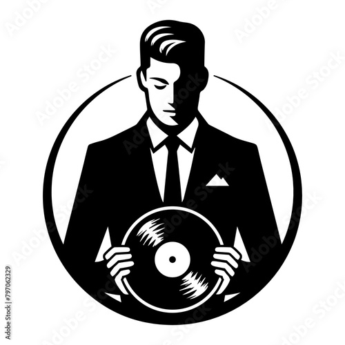 Luxury DJ music services company logo. Icon of a DJ wearing a suit holding a vinyl record isolated on white background. Vector illustration.