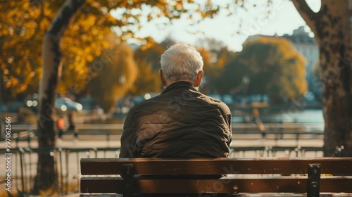 An old man sits on a park bench and gazes at the ducks in the pond.