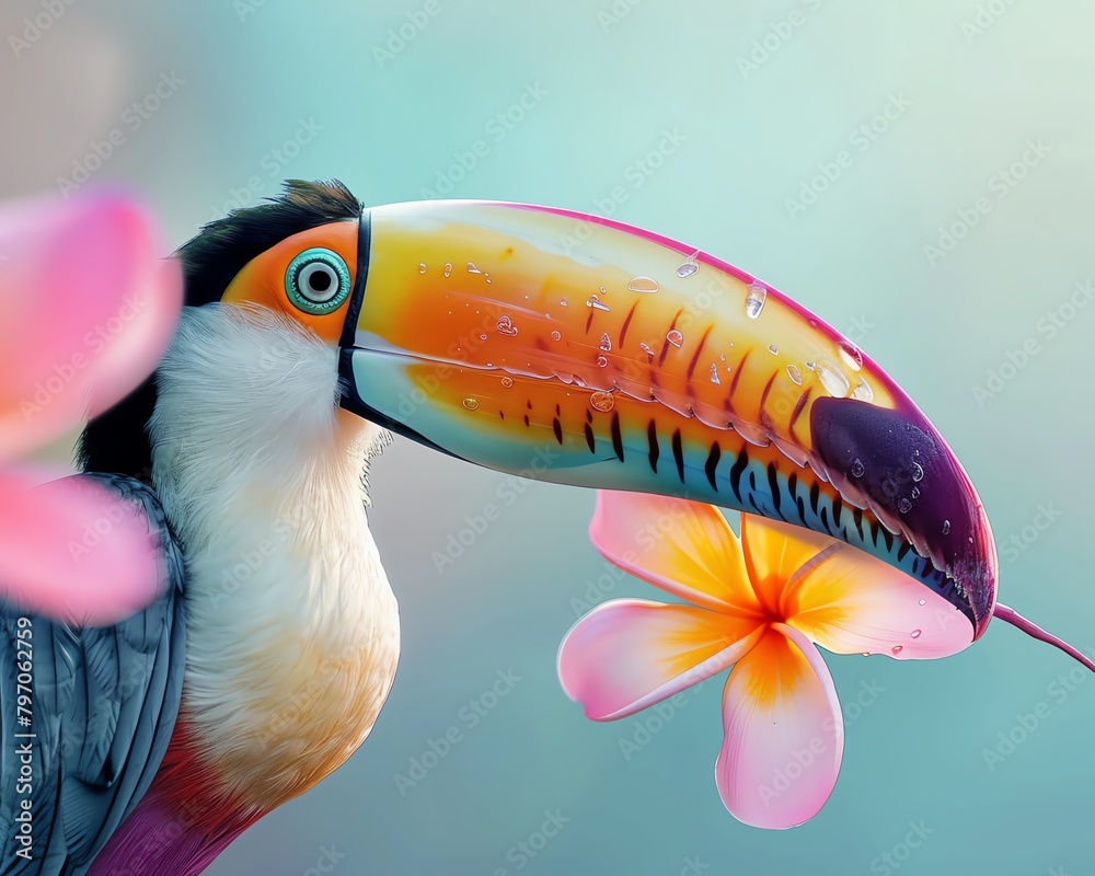 Naklejka premium A closeup of a toucan with a flower in its beak.