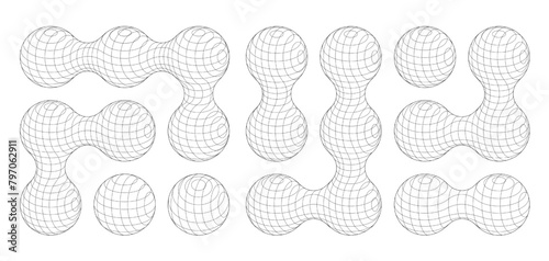 Memphis style abstract circle connected spheres. Transparent bacteria model or chemistry elements morphing mesh science pattern. Metaball model orbiting set.