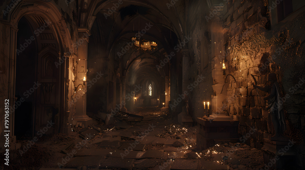 A dark and ruined medieval castle hallway at night time. with torches on the walls and broken statues of kings 
