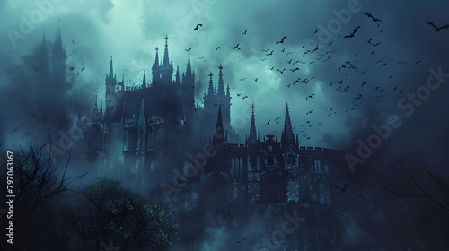 A dark fantasy gothic castle with bats flying around at night 