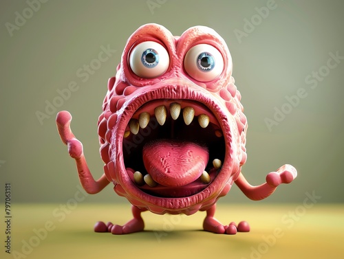 A pink blob monster with big eyes and sharp teeth