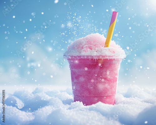 Frosted pink slush drink in plastic cup with straw set against a snowy backdrop.