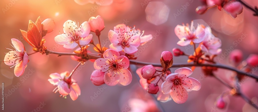 Close Up of Pink Flowers on Tree Branch