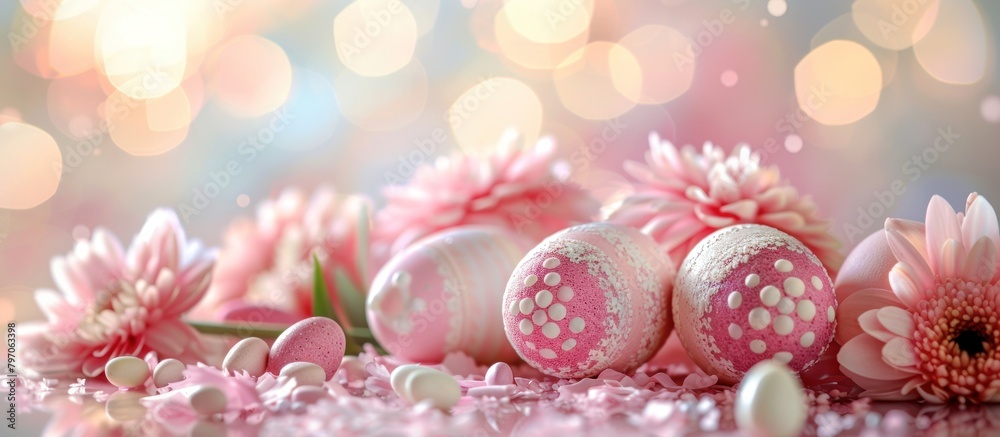 Obraz premium Pink Flowers and Easter Eggs on Table