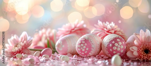 Pink Flowers and Easter Eggs on Table