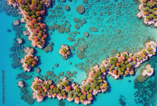 Aerial drone view of vibrant coral reefs in crystal clear shallow waters. AI generated.