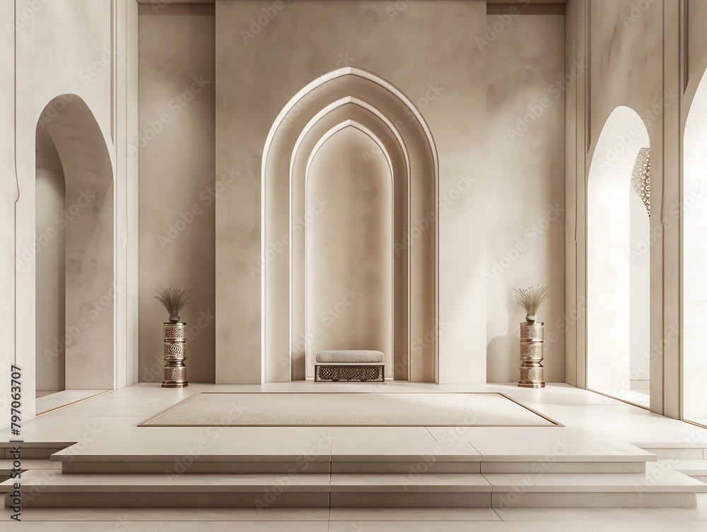 Minimalist architectural interior of arched doorways with soft shadows and daylight.