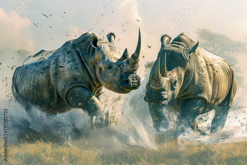 Two rhinos engage in a fierce territorial battle. photo