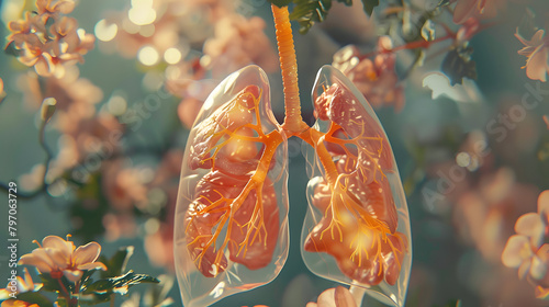 A detailed illustration of the human lungs. showcasing their structure and components in an educational setting  photo
