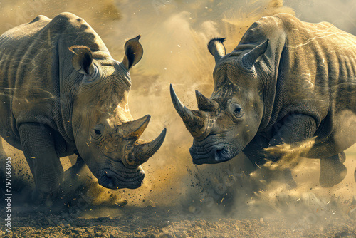 Two rhinos engage in a fierce territorial battle. photo