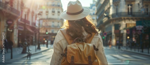 Woman tourist Walking Down Urban Street