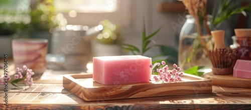 Pink Soap Bar on Wooden Tray photo