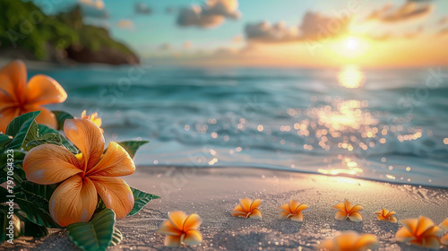 Tropical beach at sunset with frangipani