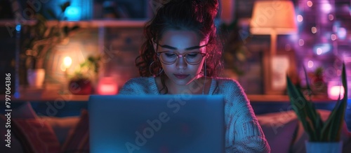 A woman wearing glasses sits in front of a laptop computer in a dark room, focusing on her screen while working or studying.