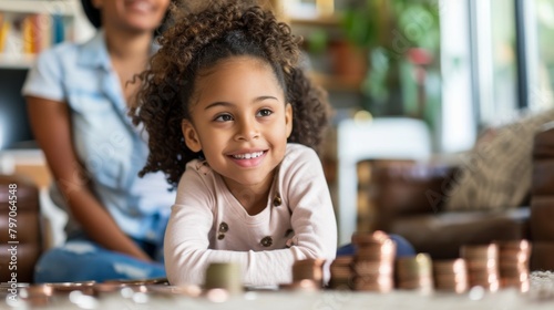 Little girl smiling while stacking coins with her mother in the background