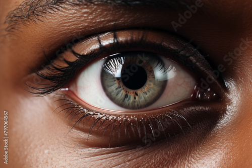 Eye close-up. Vision-related professions. Topics related to vision. Sight problem. Image for graphic designer. Image for advertising. Photo of the eye. Black skin. Africa. African person.