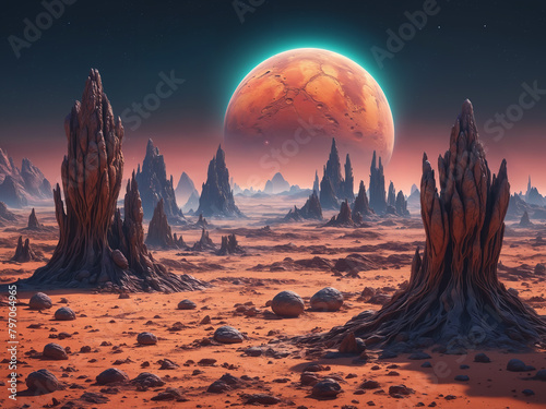 A barren rocky alien landscape with a large red moon in the sky. The scene with rocks and other elements reminiscent of a desert or a fantasy world.