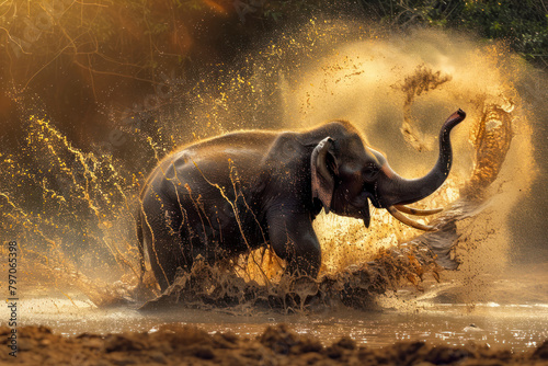 An Asian elephant splashes playfully in a muddy watering hole.