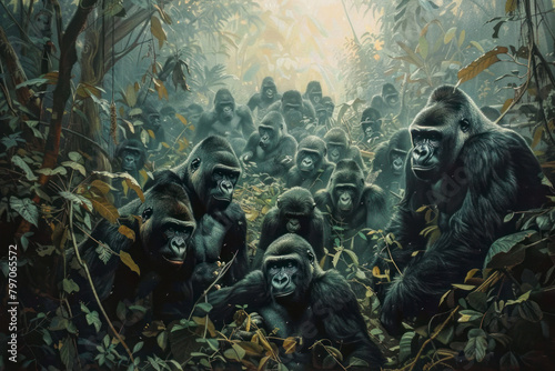 A troop of gorillas forages for food in the dense undergrowth of the rainforest. photo