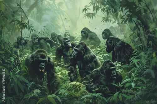 A troop of gorillas forages for food in the dense undergrowth of the rainforest. photo