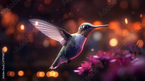 Magical Hummingbird Hovering Over Flowers at Dusk © Balaraw