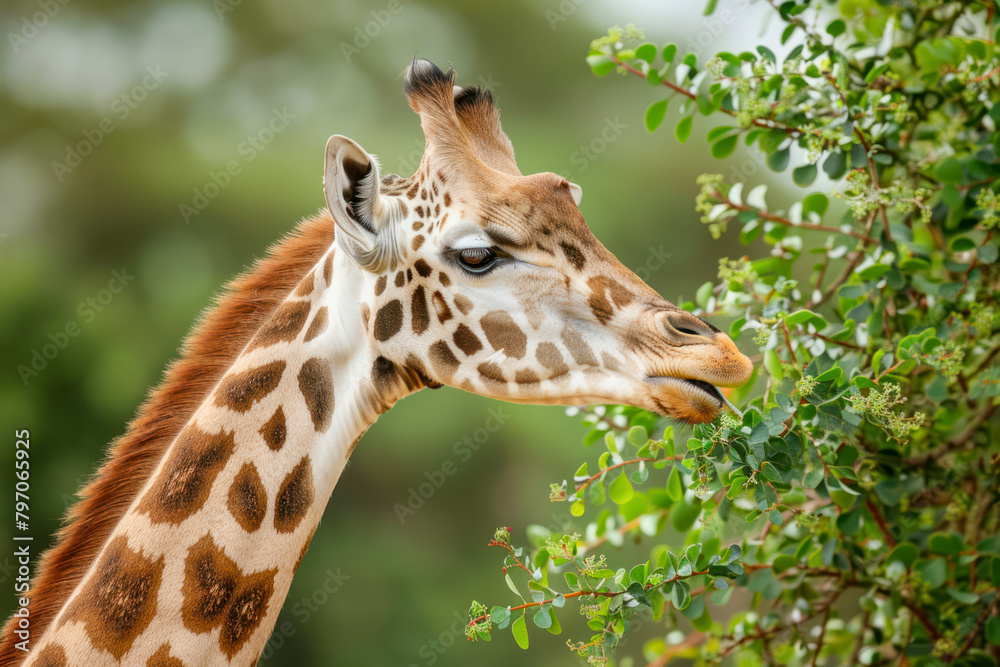 A towering giraffe stretches its long neck to reach the tender leaves of an acacia tree. A towering giraffe stretches its long neck to reach the tender leaves of an acacia tree.