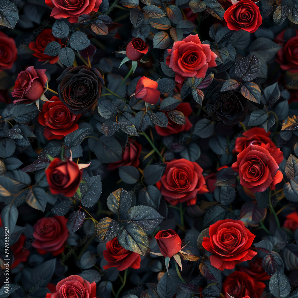 Seamless pattern of red roses on a bush, dim light, photorealistic Seamless pattern of red roses on a bush, dim light, photorealistic