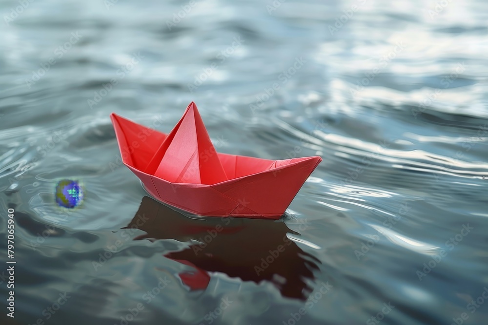 Red paper boat floating on tranquil water