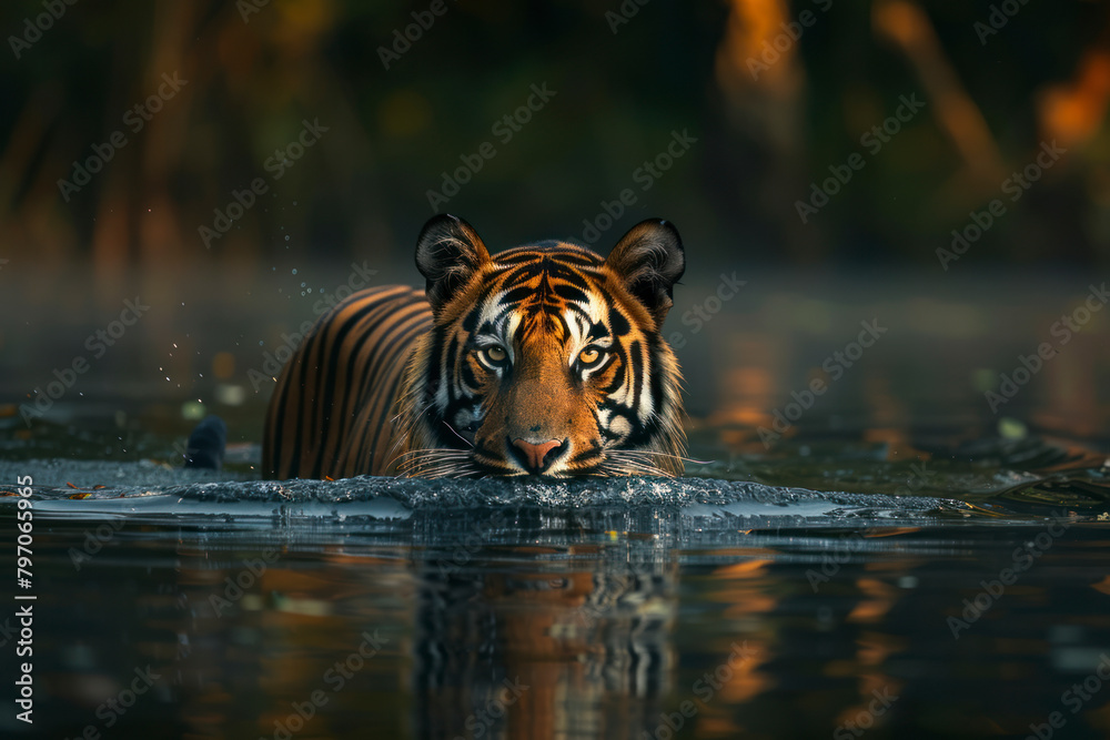 A Sumatran tiger swims gracefully across a tranquil river. A Sumatran tiger swims gracefully across a tranquil river.