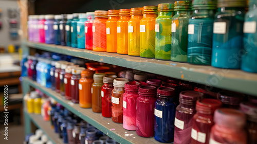 A diverse array of acrylic paints in various colors. neatly arranged on shelves and displayed at an art studio s tables. The paints were organized by color and medium 