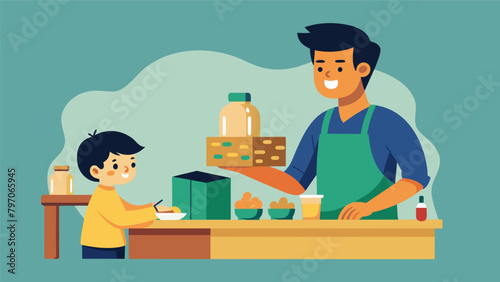 A man and his young son explore a stall displaying handmade soaps learning from the artisan about the various natural ingredients used and their. Vector illustration