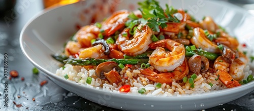 White Bowl Filled With Rice and Shrimp