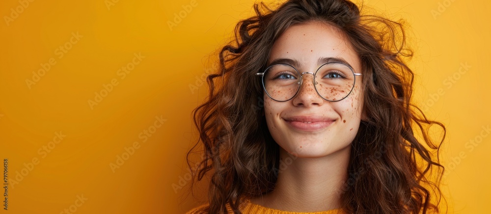 Smiling Woman in Yellow Shirt and Glasses