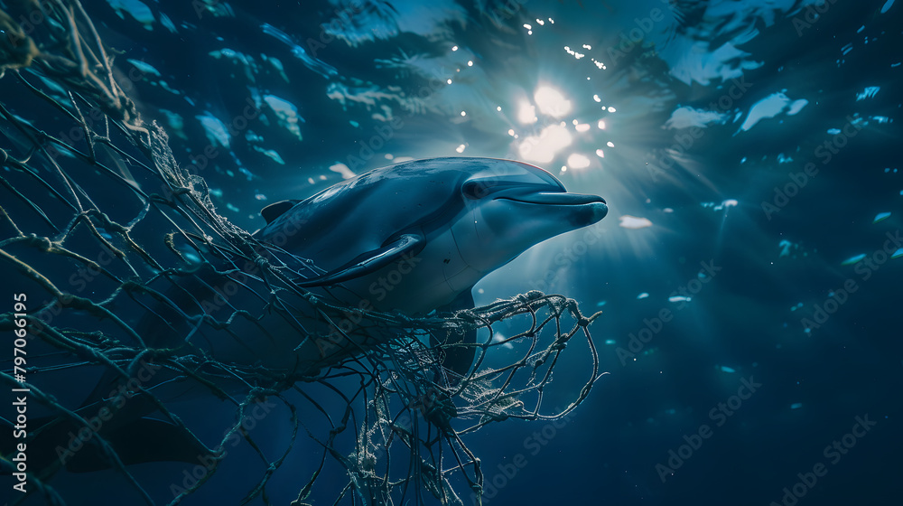 Fototapeta premium A dolphin entangled in a fishing net underwater. sea background with moonlight filtering through the water surface.