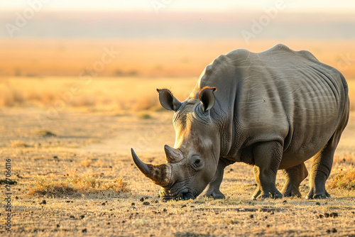 A solitary rhinoceros grazes on the sparse vegetation of the African savanna.