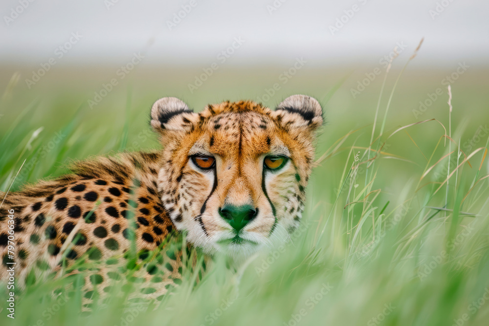 Obraz premium A sleek cheetah crouches low in the grass.