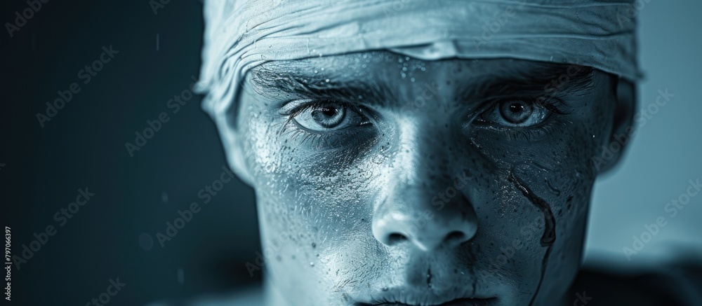 Injured Man With Bandage on Head