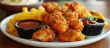 A white plate filled with crispy fried chicken nuggets covered in a golden batter. A small dish of dipping sauce sits next to the nuggets.