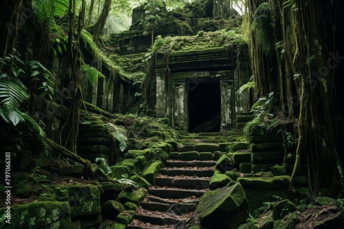 Mystical ancient temple overgrown with moss in a dense forest