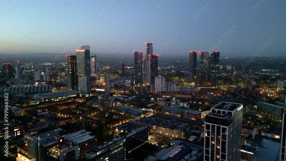 Twilight Manchester landscape with illuminated buildings Twilight Manchester landscape with illuminated buildings