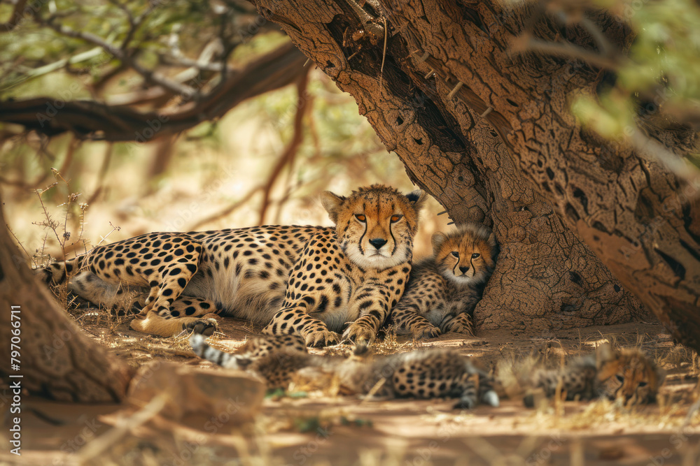 A mother cheetah rests in the shade of an acacia tree. A mother cheetah rests in the shade of an acacia tree.