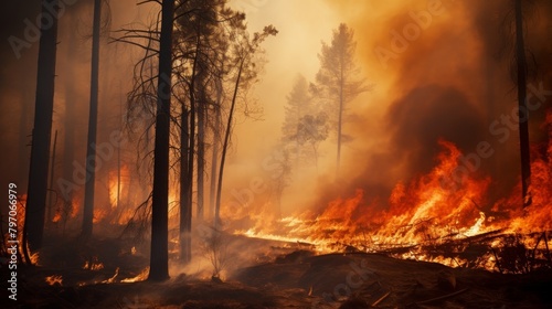 Intense wildfire burning through a forest © Balaraw